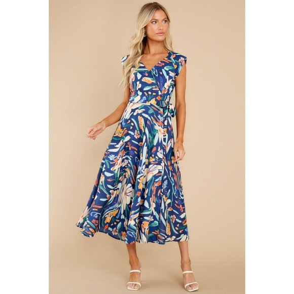 De Loreta Floral Full Wrap Midi Dress Dark Teal Tie Waist Short‎ Sleeve Size S - Picture 1 of 10